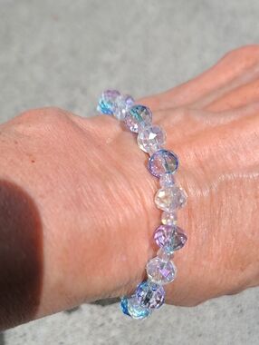 Crystal Aurora Bead Stretch Bracelet - Iridescent Blue & Purple -